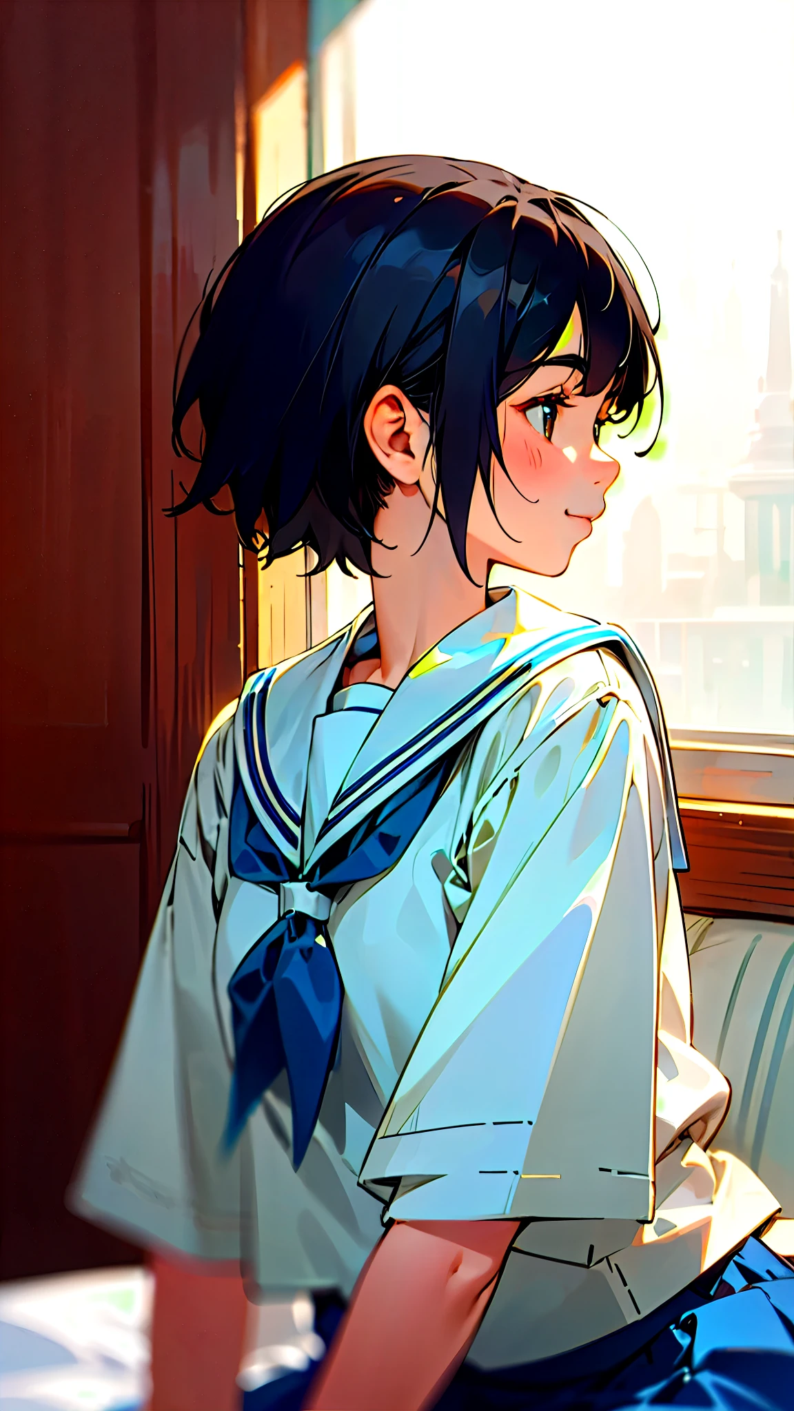 1 Girl、solo、gentle and calm expression、Women's Sailor Uniform、Blue Skirt、Sitting、profile、Upper body close-up、smile、indoor, (Highest quality, masterpiece, Hyperrealism)、Boyish short hair, Black Hair