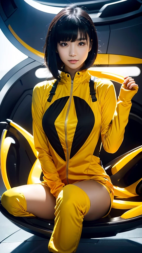 A young Asian woman with short black hair and bangs, sitting on a futuristic circular pod or capsule. She is wearing a bright yellow jumpsuit and a white undershirt, with brightly colored boots. Her posture is relaxed, with one hand on her head. The pod has a metallic orange frame, and the background suggests sci-fi and industrial settings.