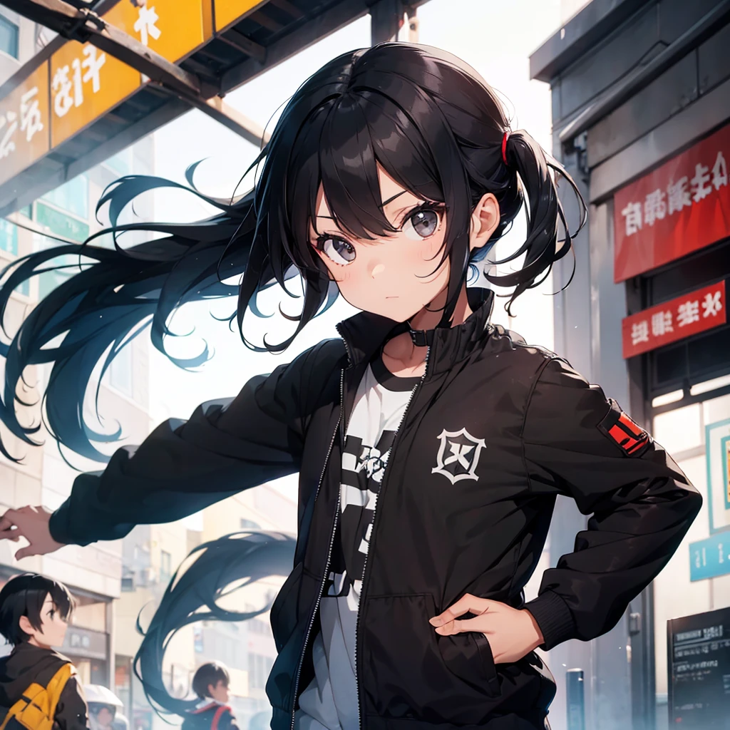 A boy with black hair in a tail with bangs in front , with black eyes and with a jacket