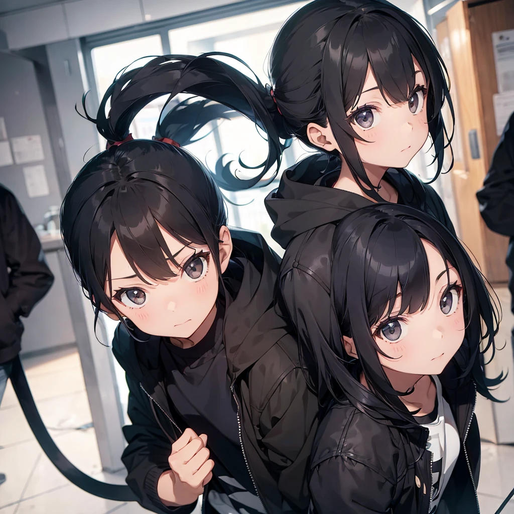 A boy with black hair in a tail with bangs in front , with black eyes and with a jacket