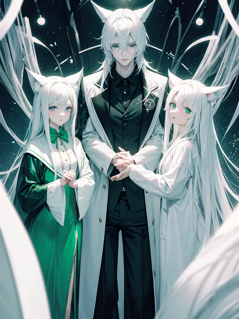 A psychologist with a white coat and wolf ears, beautiful, albino, tall, 28 years old, with his two twin sisters with emerald green eyes.