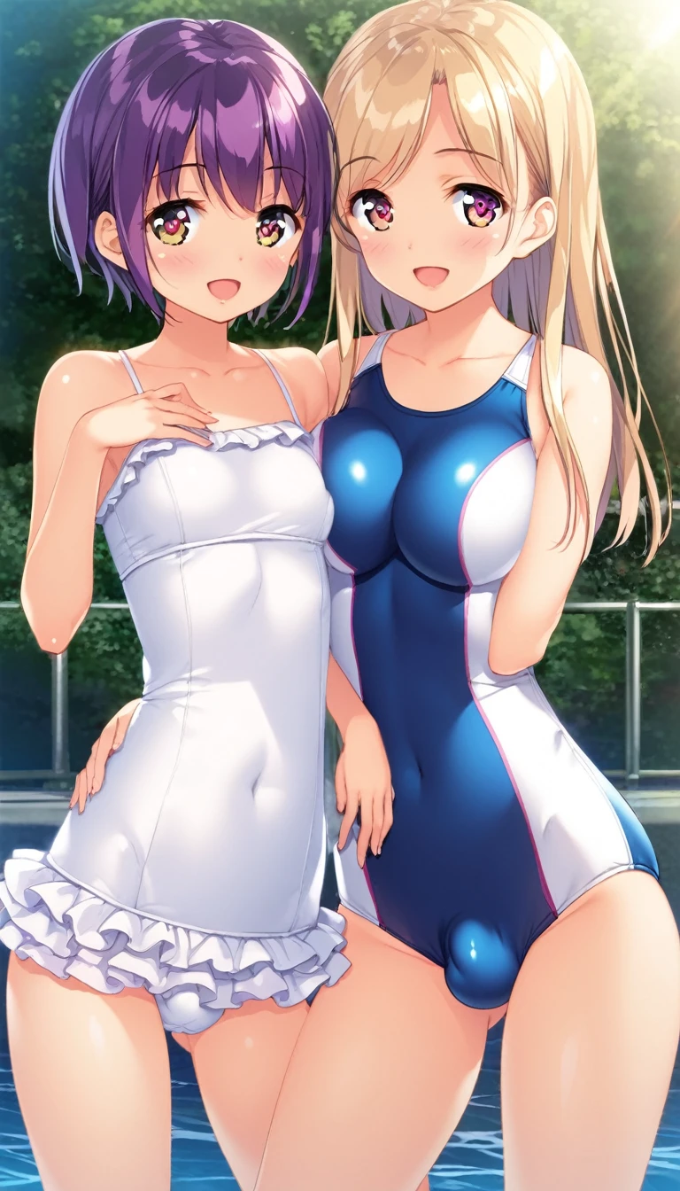 1girl, futanari, Slight crotch bulge, tiny girl, young girl, mesugaki, mesugaki smile, Boyish, long frilled SKIRT, swim suit, breasts, big ass, thick thighs, Teasing, naughty looks, heart eyes, Lower arm, A girl puts her hand on her crotch,, tidy, Focus on the girl, glossy skin, oily skin, Gravure, pinup, junior idols, Masterpiece:2, Top Quality, high Quality, Very Detailed, ultra High Resolution, super High Resolution, Beautiful Detail, Dynamic angles, perfect lighting, 8k, Animation Style, cartoon style, game cg, sfw,