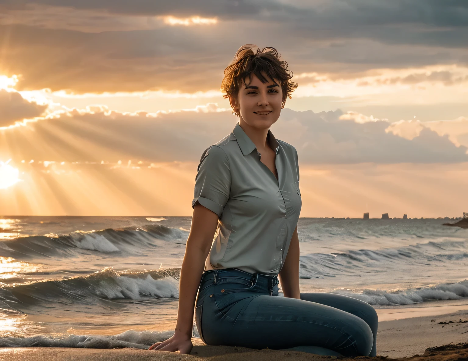 Girl 30 years old, beautiful face, looks like Monica Bellucci, small stature, (Pixie haircut very short under the boy, hair straight light ash-coloured), rectangular face shape, smile, eyes grey-green, hourglass figure, wearing a shirt and jeans, sitting on a sandy beach, skin texture, (masterpiece), Best quality, super high resolution, RAW photo, Nikon D850, evening, sunset on gorezont, cloudy, clouds illuminated by sunset rays, cinematic lighting, soft colours, backlight, rim light, on dark background of evening river, sunset rays reflected on waves, detailed textures