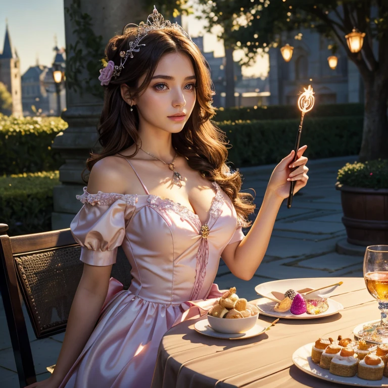 (masterpiece, best quality:1.5), highest quality, High resolution, super detailed, Realists, Upper body photo of a brunette young magical girl, detailed and beautiful eyes, beautiful detailed lips, very detailed eyes and face, longeyelashes, shiny satin dress, Holding a magic wand in your hand, Cast a transformation spell, With her stick she turns wasps into butterflies, Glowing wands available,Beautiful and colorful makeup, elegant and noble々The jewelry bag, Gardens as background, soft daylight, bright colors, fine brushstrokes, Portrait style, Silk dress fabric, beautiful color palette, glowing skin, First-class rendering, that captures every detail, enchanting atmosphere, subtle shadows and lights, (perfect anatomy:1.2), (The stunning Magical Girl turns wasps into butterflies. on the table(a transformation with the magic wand:1.4), (magnificent panorama view:1.2)