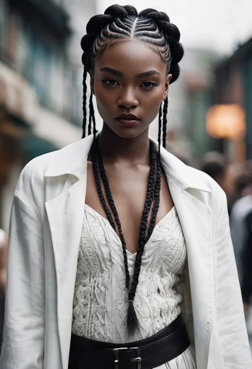 Create a villain with these characteristics:Black skin tone, hair with braids in a white color, sculptural body, low-cut clothes
