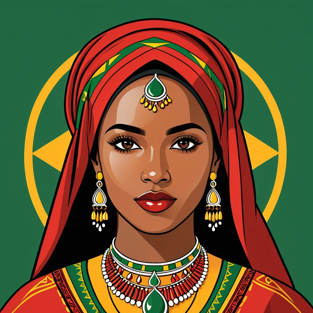 woman in mauritania folk outfit, vector graphics, strong contours, logo design
