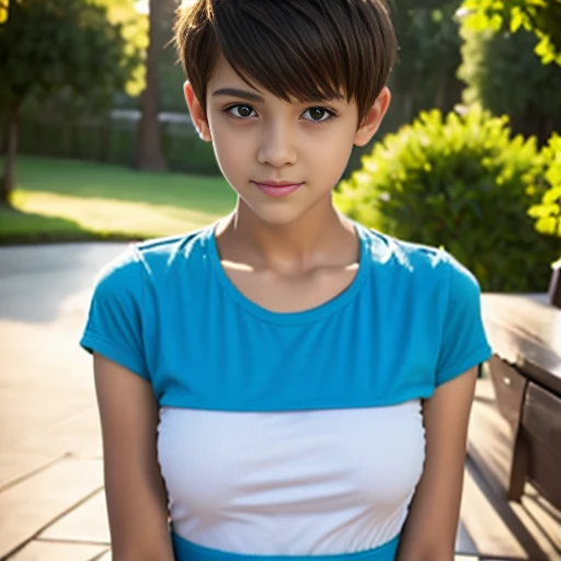 A 14 year old beautiful slim girl, short hair, tomboy hairstyle, breasts can be seen, wearing very tight pink tshirt.