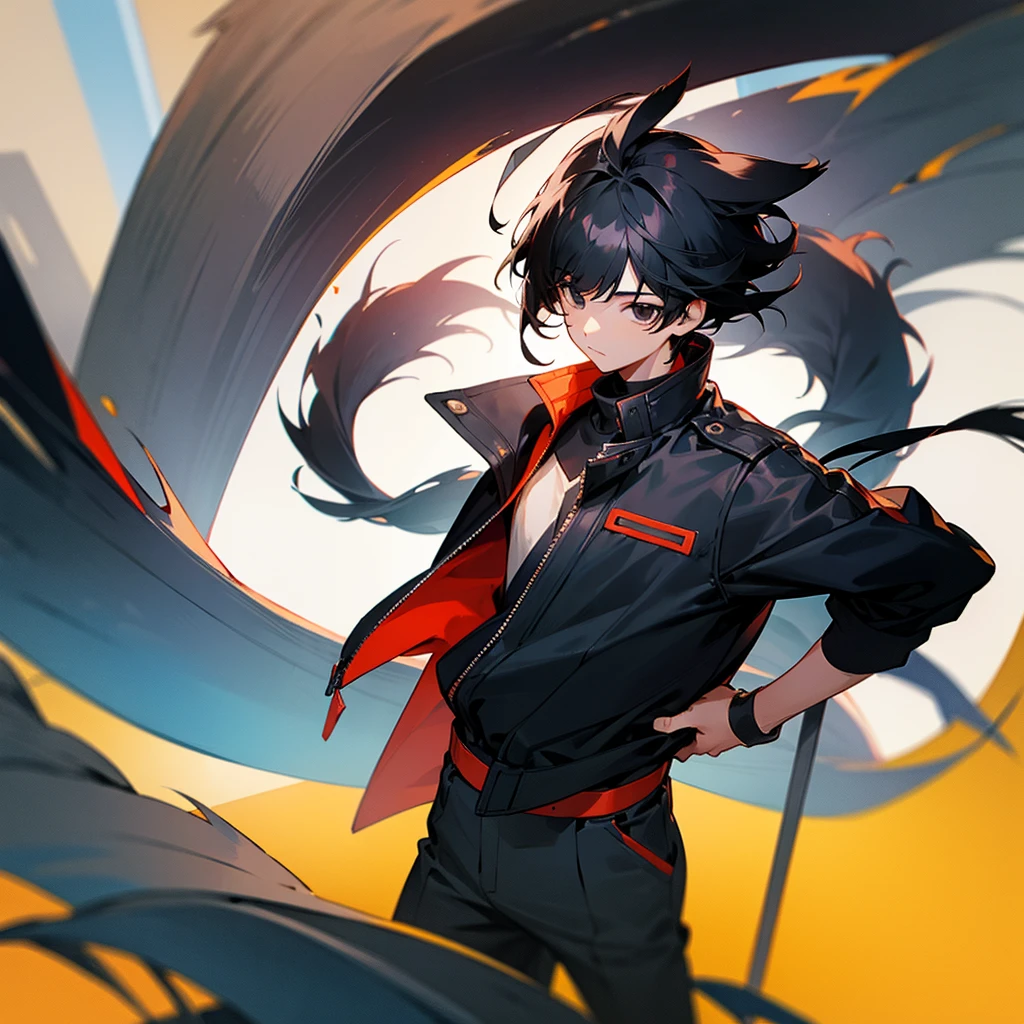 A boy with black hair in a tail with bangs in front , with black eyes and with a jacket