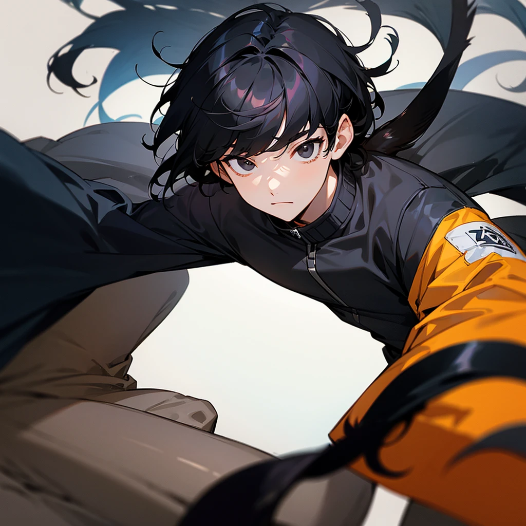 A boy with black hair in a tail with bangs in front , with black eyes and with a jacket