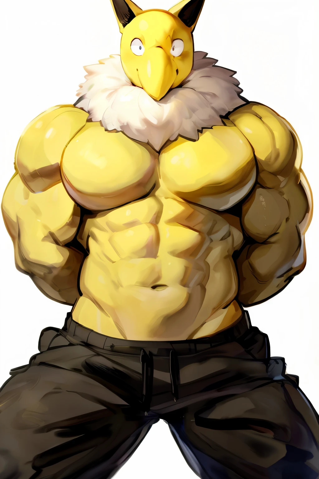 Furry, Anthro, solo, Hypno, Male, (((muscular body, massive thighs, massive male pectorals, fluffy neck, yellow skin, wearing black tanktop, wearing black sweatpants, hands behind back))), ((((massive biceps)))), ((((((massive bulky torso, wide-eyed, head tilted, facing viewer)))))), black/yellow spraypainted background, by buta99, by zackary911, by bebebebebe, (((digital painting)))