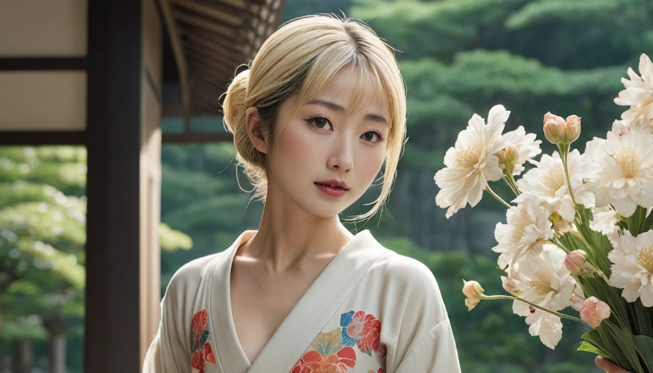 (best quality, masterpiece, ultra detailed), A blonde Japanese woman offering flowers