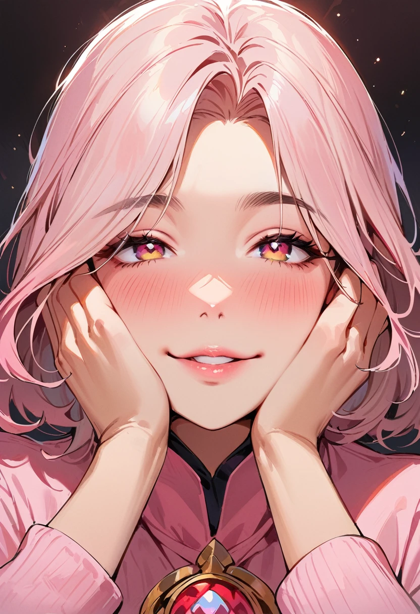 (masterpiece, best quality:1.4), 1 girl, 独奏, Pink love pupils, Blurred eyes, Smile, Look up and down, Pink lower lip, Holding face with hands, Pink Bob, Royal sister, Huge breasts, Pink sweater, Vision, black background.