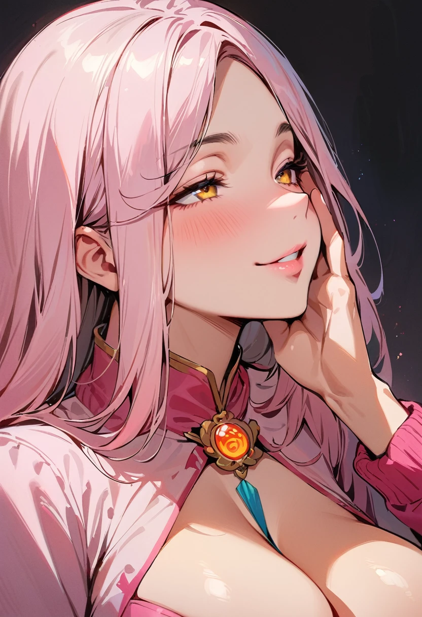 (masterpiece, best quality:1.4), 1 girl, 独奏, Pink love pupils, Blurred eyes, Smile, Look up and down, Pink lower lip, Holding face with hands, Pink Bob, Royal sister, Huge breasts, Pink sweater, Vision, black background.