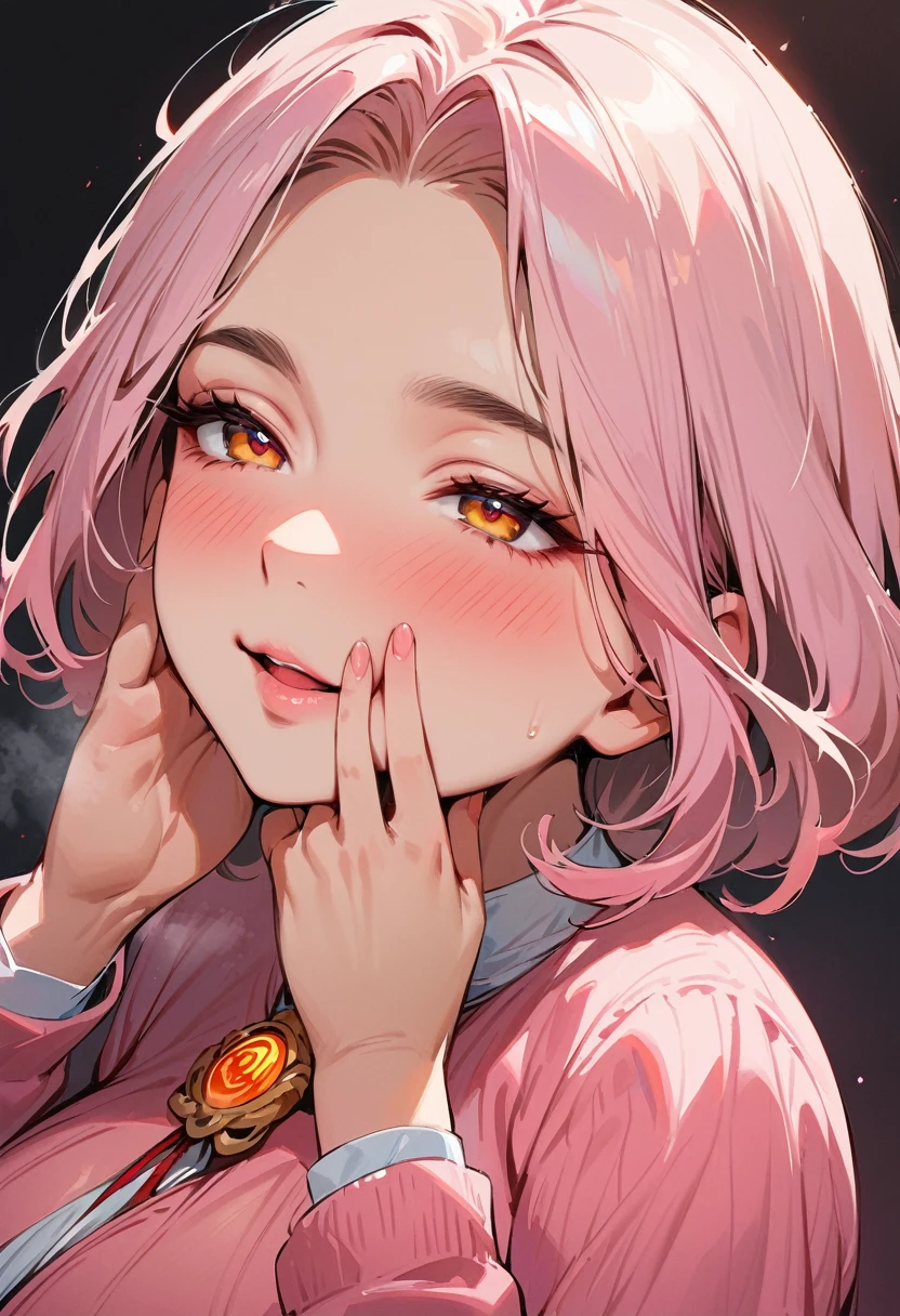 (masterpiece, best quality:1.4), 1 girl, 独奏, Pink love pupils, Blurred eyes, Smile, Look up and down, Pink lower lip, Holding face with hands, Pink Bob,  Royal sister, Huge breasts, Pink sweater, Vision, black background.