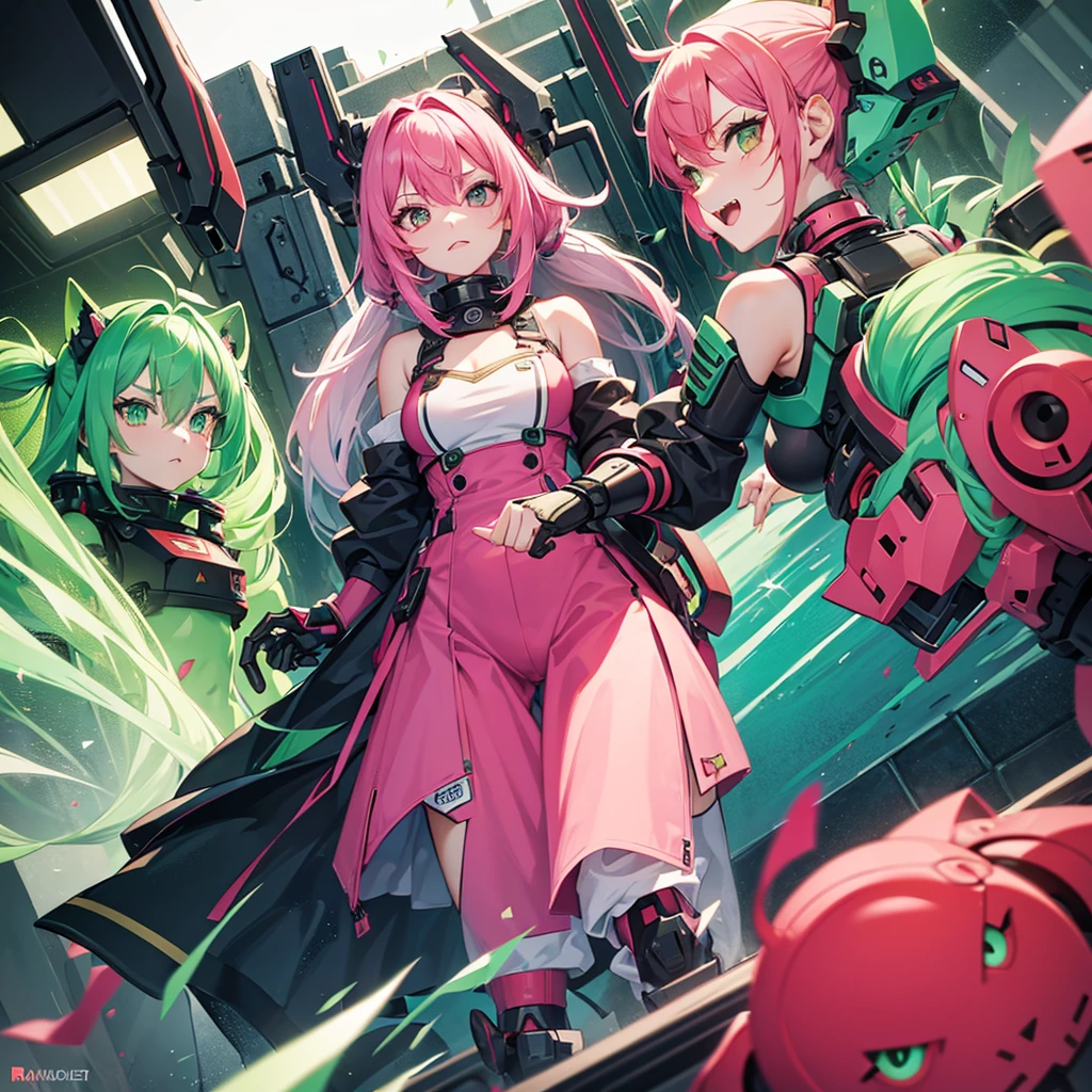 A girl with pink and green hairs killing a robot man with red hairs and with her eyes green and showing fangs