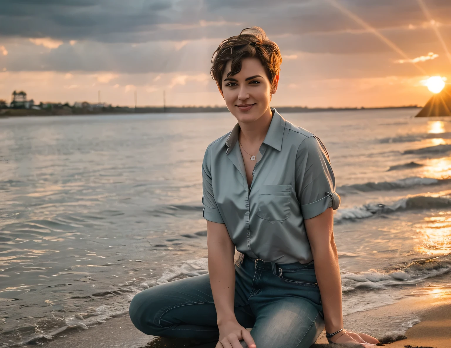 Girl 30 years old, beautiful Caucasian girl looks like Monica Bellucci, short height, (Pixie haircut very short for a boy), rectangular face shape, smile, grey-green eyes, hourglass figure, wearing a shirt and jeans, sitting on a sandy beach, skin texture, (masterpiece), Best quality, super high resolution, RAW photo, Nikon D850, evening, sunset, cloudy, clouds illuminated by sunset rays, cinematic lighting, soft colours, backlight, rim light, on dark background of evening river, sunset rays reflected on waves, detailed textures
