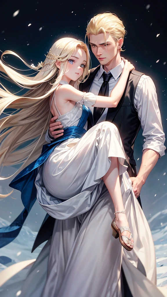 young adult man, Realistic style, medium long blonde hair slicked back, gold eyes, snow white skin, with calm facial expression and dressed in casual clothing, while dancing in the moonlight with a black-haired girl, long and loose and blue eyes, with a white dress off the shoulders, with calm look, little smile. he carries her in his arms, with their foreheads and heads united, looking very in love.