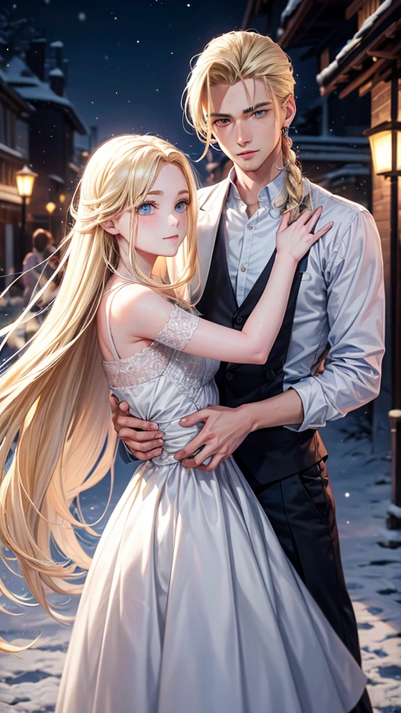 young adult man, Realistic style, medium long blonde hair slicked back, gold eyes, snow white skin, with calm facial expression and dressed in casual clothing, while dancing in the moonlight with a black-haired girl, long and loose and blue eyes, with a white dress off the shoulders, with calm look, little smile. he carries her in his arms, with their foreheads and heads united, looking very in love.