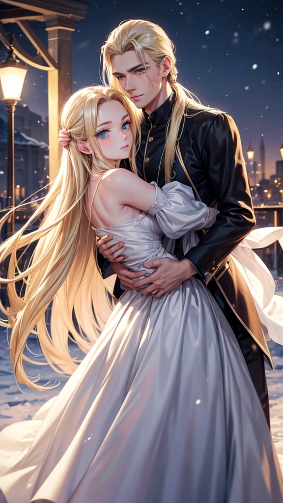young adult man, Realistic style, medium long blonde hair slicked back, gold eyes, snow white skin, with calm facial expression and dressed in casual clothing, while dancing in the moonlight with a black-haired girl, long and loose and blue eyes, with a white dress off the shoulders, with calm look, little smile. he carries her in his arms, with their foreheads and heads united, looking very in love.