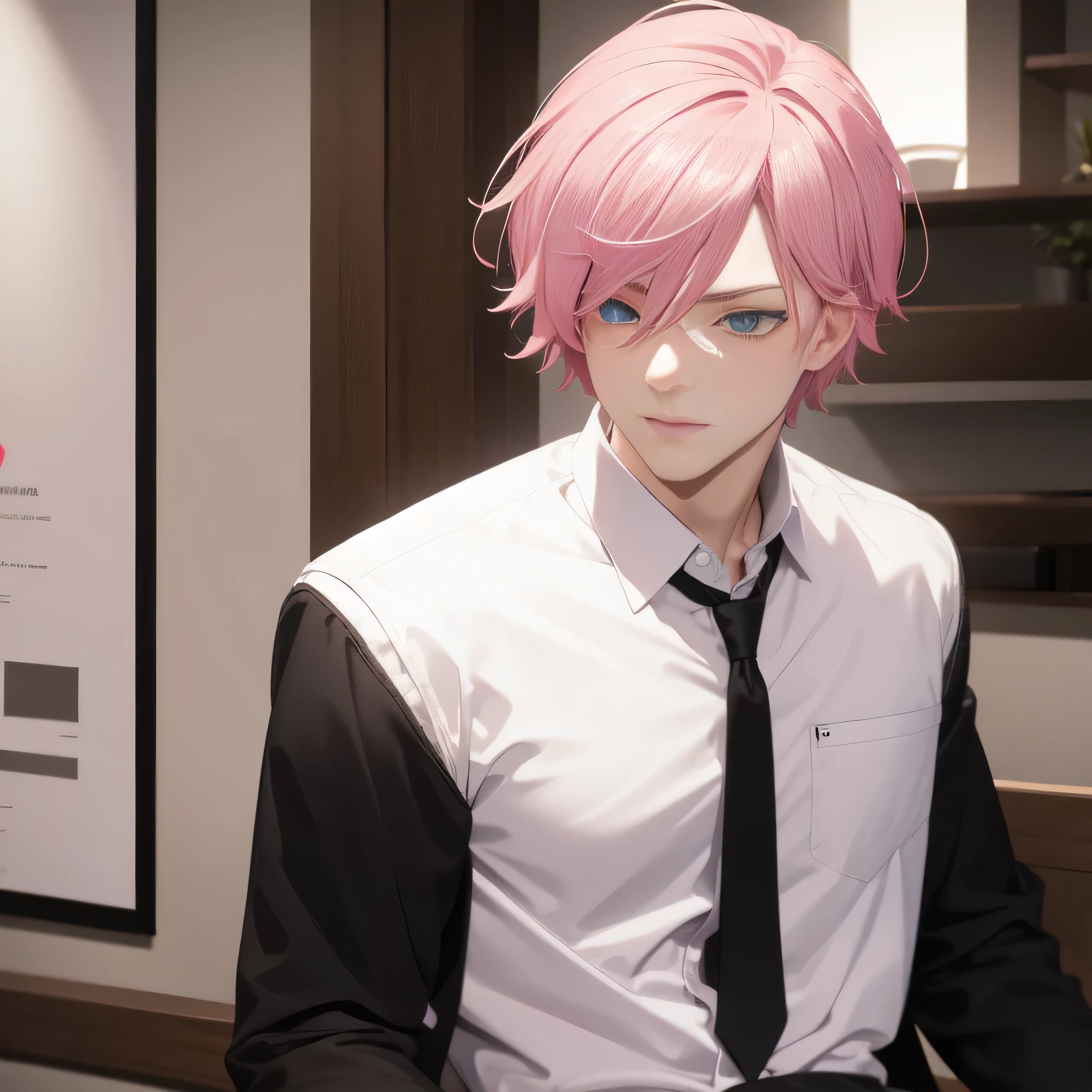 ung guy, pink hair, blue eyes, white shirt, black pants, strong