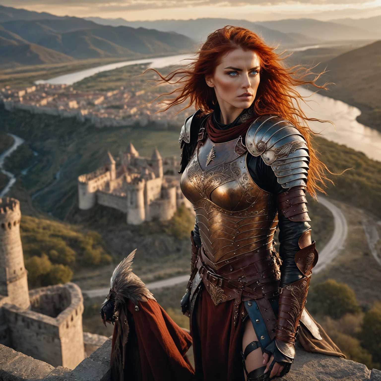birds eye view of a beautiful warrior woman standing high above on a castle parapet, with a view of the surrounding area, wearing leather armor, red hair blowing in the wind, blue eyes, rivers and mountains, golden hour, art by Luis Royo . shallow depth of field, vignette, highly detailed, high budget, bokeh, cinemascope, moody, epic, gorgeous