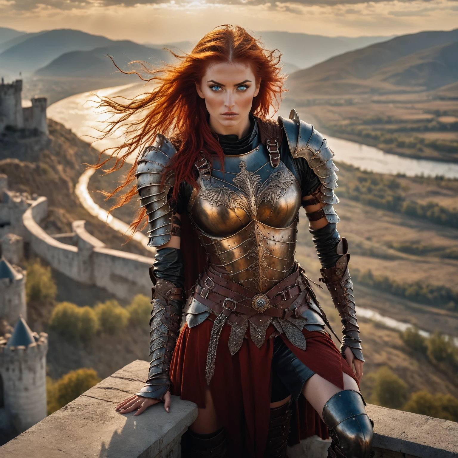 birds eye view of a beautiful warrior woman standing high above on a castle parapet, with a view of the surrounding area, wearing leather armor, red hair blowing in the wind, blue eyes, rivers and mountains, golden hour,  art by Luis Royo . shallow depth of field, vignette, highly detailed, high budget, bokeh, cinemascope, moody, epic, gorgeous
 