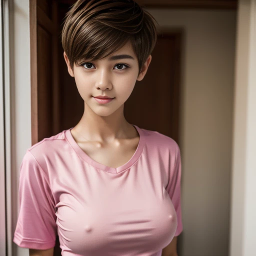 A 14 year old beautiful slim girl, short hair, tomboy hairstyle, breasts can be seen, wearing very tight pink tshirt.