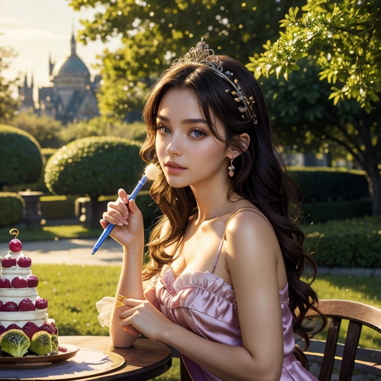 (masterpiece, best quality:1.5), highest quality, High resolution, super detailed, Realists, Upper body photo of a brunette young magical girl, detailed and beautiful eyes, beautiful detailed lips, very detailed eyes and face, longeyelashes, shiny satin dress, Holding a magic wand in your hand, Cast a transformation spell, With her stick she turns stones into a sweet strawberry shake, Glowing wands available,Beautiful and colorful makeup, elegant and noble々The jewelry bag, Gardens as background, soft daylight, bright colors, fine brushstrokes, Portrait style, Silk dress fabric, beautiful color palette, glowing skin, First-class rendering, that captures every detail, enchanting atmosphere, subtle shadows and lights, (perfect anatomy:1.2), (The stunning Magical Girl turns stones into sweet strawberry shake. Shake on the table(a transformation with the magic wand:1.4), (magnificent panorama view:1.2)