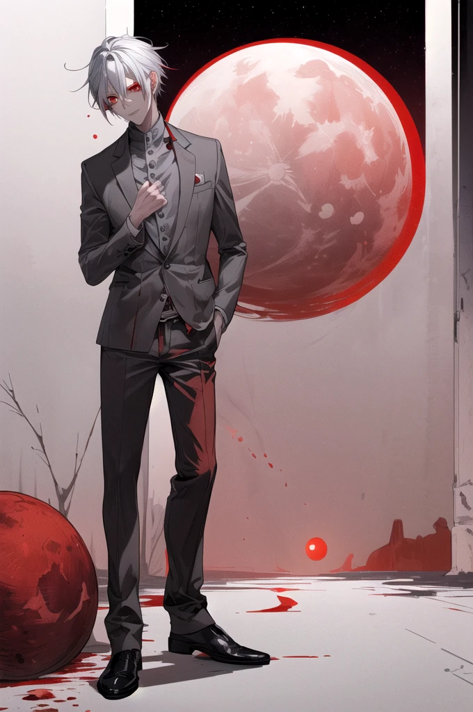 1 boy, Gray hair, ((red eyes)), ((two red moons in backgrond)), eerie, blood-filled floor, beautiful, handsome, look ahead