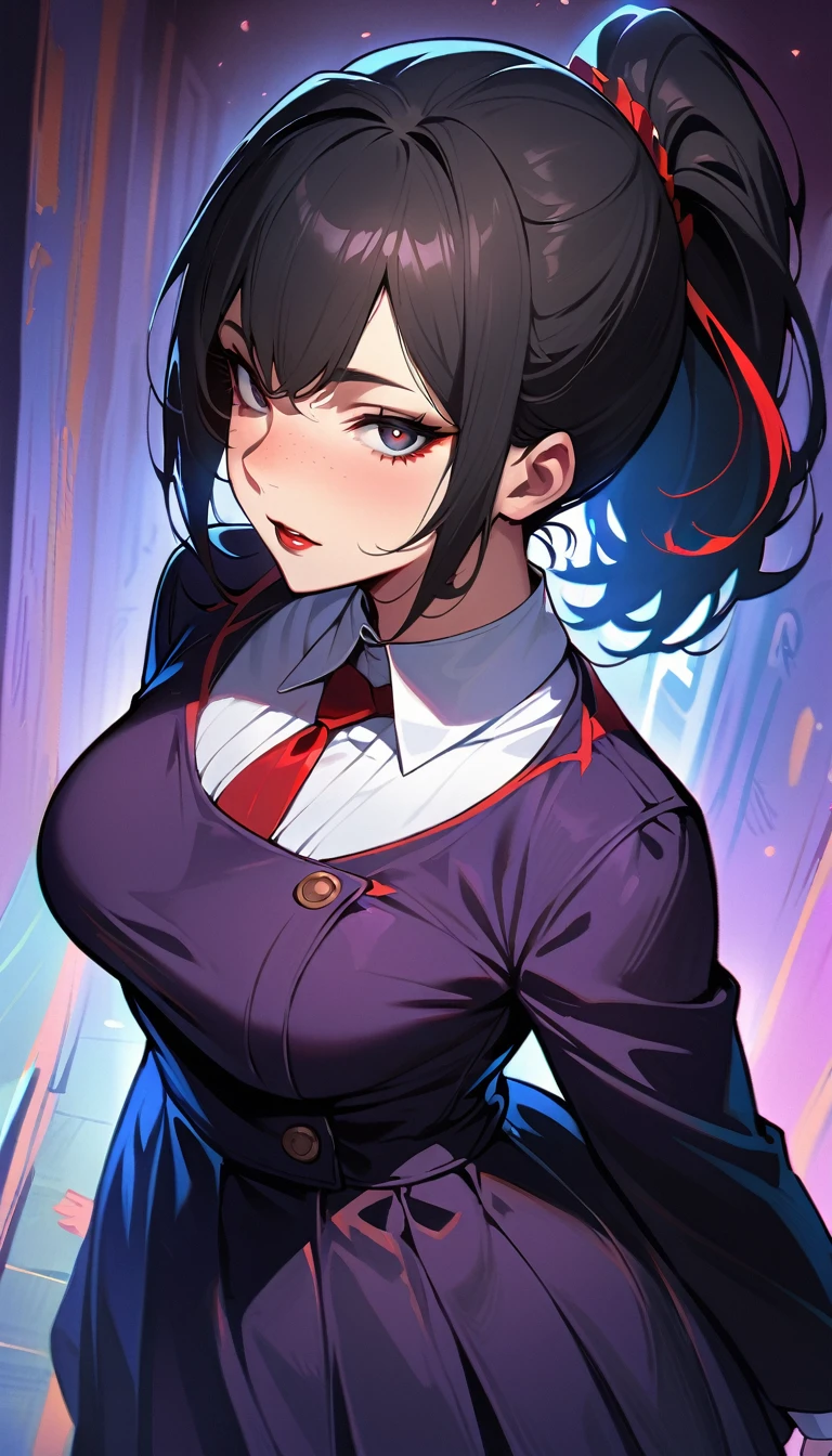 (high quality, 8k, 4K, high contrast, artwork:1.2, high quality, best aesthetics), (dynamic angle), ((1 woman)), erotic, sensual, mature body, grown woman, super detailed, beautiful face detailed, beautiful eyes detailed, detailed beautiful mouth, (black hair), (hair tied into a ponytail), (red streaks in the hair), (black eyes), (black eyeliner), (red eyeshadow), (black lipstick), (freckles), (relaxed expression), (purple dress with short ruffled skirt and skull print), (white collar), (black rabbit ears), (standing), (looking at the viewer), (piercing gaze), (hands behind back), (in the middle of a school hallway)