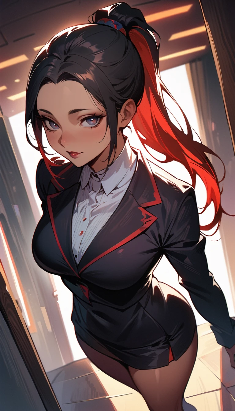 (high quality, 8k, 4K, high contrast, artwork:1.2, high quality, best aesthetics), (dynamic angle), ((1 woman)), erotic, sensual, mature body, grown woman, super detailed, beautiful face detailed, beautiful eyes detailed, detailed beautiful mouth, (black hair), (hair tied into a ponytail), (red streaks in the hair), (black eyes), (black eyeliner), (red eyeshadow), (black lipstick), (freckles), (relaxed expression), (purple dress with short ruffled skirt and skull print), (white collar), (black rabbit ears), (standing), (looking at the viewer), (piercing gaze), (hands behind back), (in the middle of a school hallway)