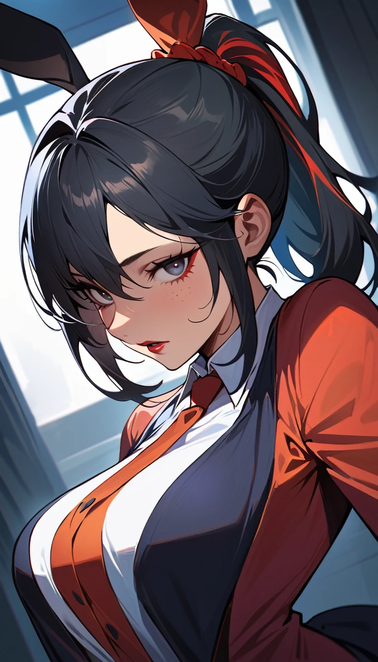 (high quality, 8k, 4K, high contrast, artwork:1.2, high quality, best aesthetics), (dynamic angle), ((1 woman)), erotic, sensual, mature body, grown woman, super detailed, beautiful face detailed, beautiful eyes detailed, detailed beautiful mouth, (black hair), (hair tied into a ponytail), (red streaks in the hair), (black eyes), (black eyeliner), (red eyeshadow), (black lipstick), (freckles), (relaxed expression), (purple dress with short ruffled skirt and skull print), (white collar), (black rabbit ears), (standing), (looking at the viewer), (piercing gaze), (hands behind back), (in the middle of a school hallway)