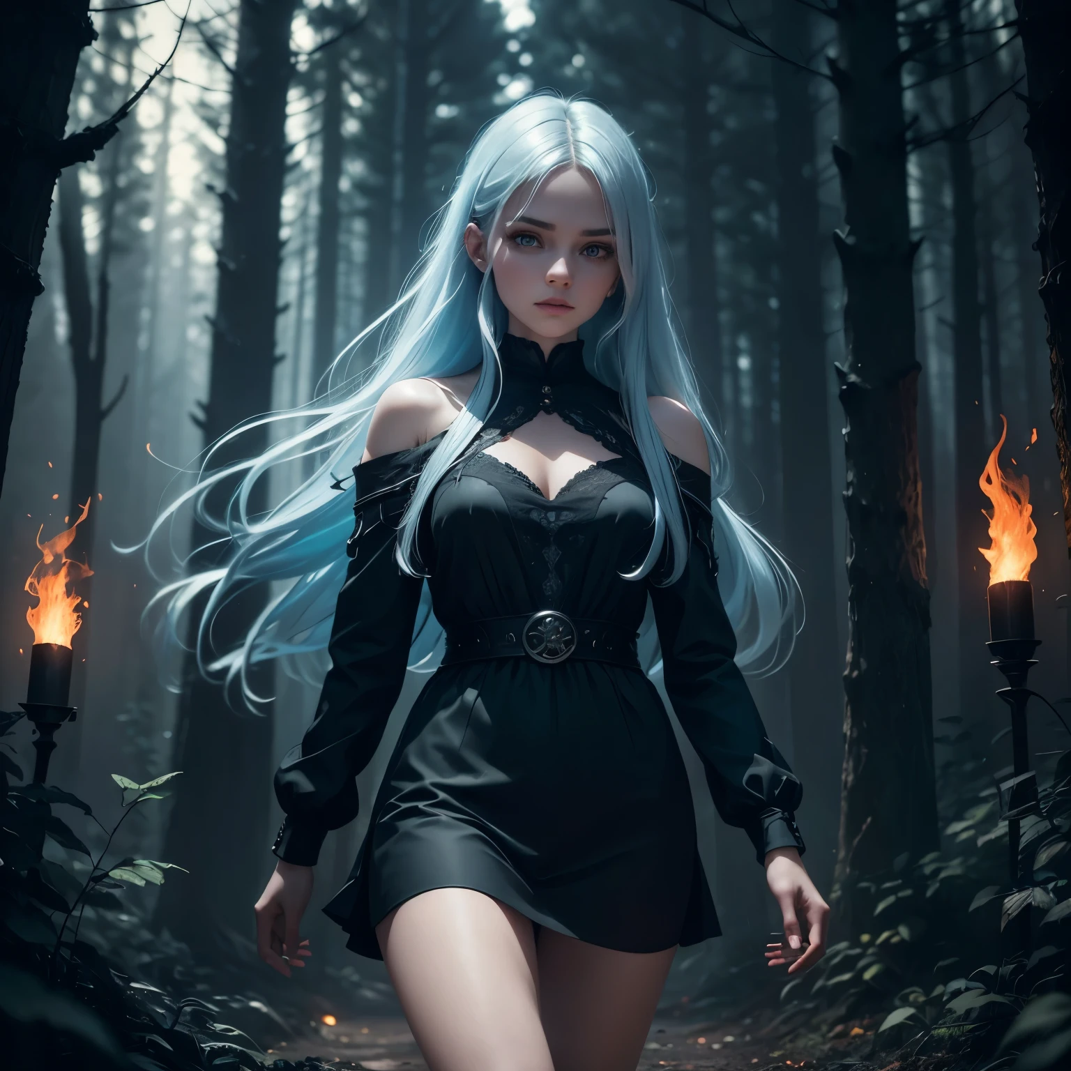 A beautiful young Russian girl with long light blue hair, wearing a sleek black dress, run in the middle of a dark mysterious forest at night, surrounded by flickering red flames, (best quality,4k,8k,highres,masterpiece:1.2),ultra-detailed,(realistic,photorealistic,photo-realistic:1.37),extremely detailed eyes and face,longeyelashes,high fashion,dramatic lighting,moody atmosphere,intricate details,cinematic composition