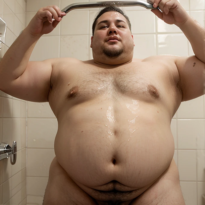 Fat man without shirt taking a shower