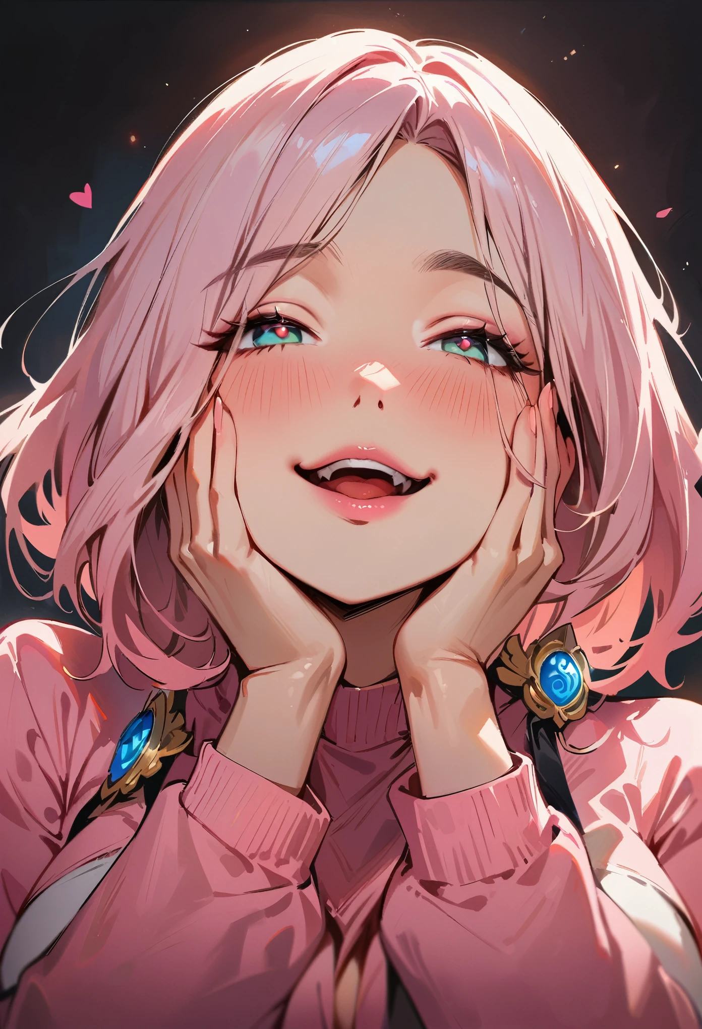 (masterpiece, best quality:1.4), 1 girl, 独奏, Pink love pupils, Blurred eyes, Smile, Look up and down, Pink lower lip, Holding face with hands, Pink Bob, Royal sister, Huge breasts, Pink sweater, Vision, black background.