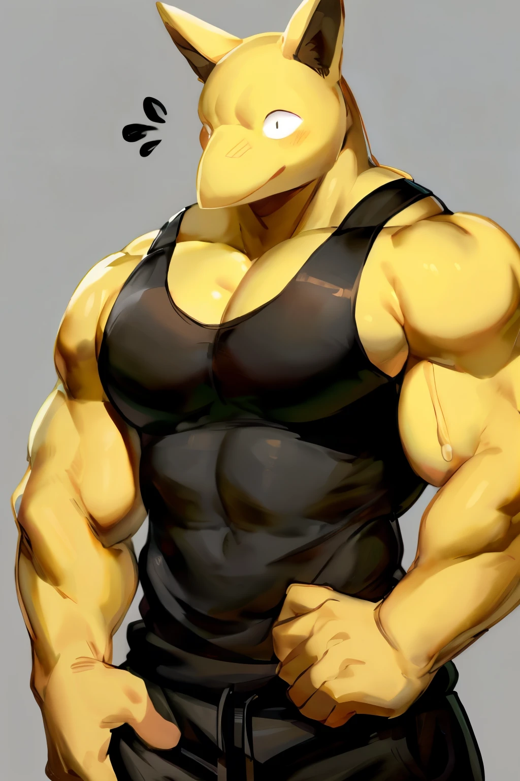 Furry, Anthro, solo, Hypno, Male, (((muscular body, massive thighs, massive male pectorals, fluffy neck, yellow skin, wearing black tanktop, wearing black sweatpants, hands behind back))), ((((massive biceps)))), ((((((massive bulky torso, wide-eyed, head tilted, facing viewer)))))), black/yellow spraypainted background, by buta99, by zackary911, by bebebebebe, (((digital painting)))