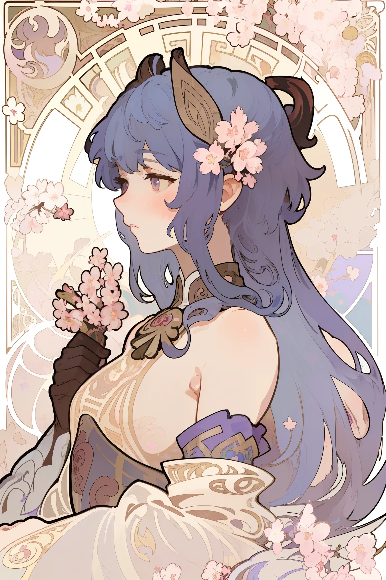 Art Nouveau Style, poster in a theater, (((art by alphonse mucha))), upper body, blush, profile ,(masterpiece, finely detailed beautiful eyes: 1.2), 1girl, solo, beautiful, small details, ultra detailed, best quality, intricate, sharp, digital illustration, detailed, ((cherry blossoms)), ganyu \(genshin impact\), 1girl, ahoge, bangs, bare shoulders, bell, black gloves, ((blue hair)), blush, breasts, chinese knot, detached sleeves, flower knot, gloves, horns, long hair, medium breasts, neck bell, night, outdoors, purple eyes, sidelocks, solo, tassel, white sleeves, ((masterpiece)), curly hair