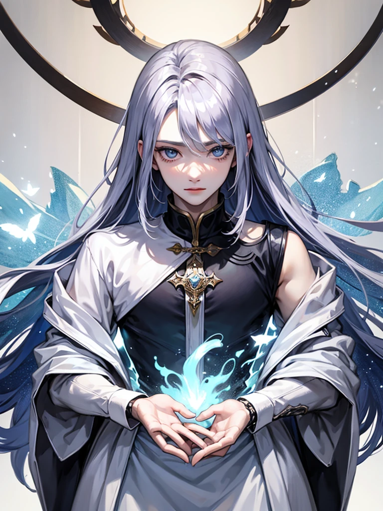 ((Highest quality)), ((masterpiece)), (detailed)、One Man、Beautiful Youth、(The man has silver hair and blue eyes)、Men are handsome、Perfect body、20-year-old male、White Room Background