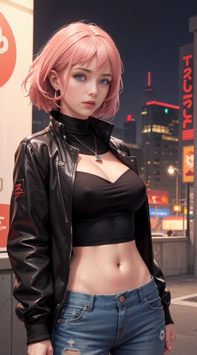 (RAW photo, high resolution, best quality, masterpiece), (realistic, photorealistic: 1.3), 1girl, very delicate and beautiful, beautiful detailed girl, very detailed eyes and face, ((triangular face)), beautiful detailed eyes, (((slender figure, skinny, thin waist))), (cleavage), ((black cyberpunk jacket and crop shirt, denim pants)), stylish pendant, black earrings, charming, natural makeup, soft pink shiny lips, ((pink pastel and orange stylish layered short hair)), perfect style, ((night city with neon light background)), CG, 8k, ultra-realistic, highest quality, super detailed、detailed hand drawing、((((take off your pants))))、(((wearing white panties)))、((delicate pictures)),(Detailed RAW photos of girls), (muste piece:1.25), (best quality:1.6), (超High resolution:1.5), (It's photorealistic:1.75), 8K resolution, Canon EOS R5, 50mm, disorganized, Super detailed,cinematic lighting, show nipples, show vagina, spread legs.NSFW