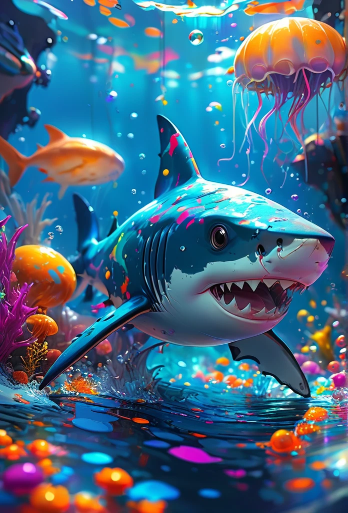 Splash Art, Cute Shark(anime, The background is a dark seabed、Shark surprised at smartphone, Shark Boy、There are many jellyfish in the background、Stock chart in the background), wonderfulインスタグラム, Art Station, Colorful paint splash style+, Very detailed、Exquisitely crafted down to the last detail, Engine Unreal, wonderful, Details Complexity, Splash screen, Complementary Color, Realistic concept art, 8k resolution, deviantart masterpiece, Oil, Thick brushwork, Paint dripping, Splash Art、The background is a dark seabed