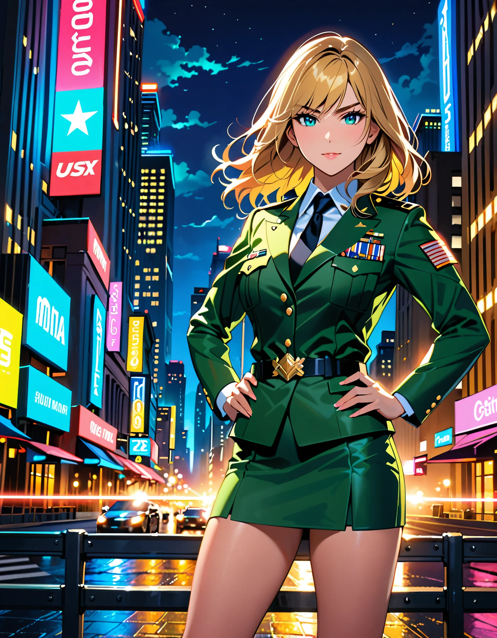 best quality, masterpiece, highres, solo, solo focus, 1lady, semi-realistic, dynamic heroic pose, standing straight, blonde hair, blue eyes, beautiful detailed eyes, beautiful detailed face, (perfect hands), sexy us military officer, city backdrop, neon edge lighting, highly detailed, professional, suit and tie, black necktie, green military uniform, pencil skirt, miniskirt, matching shoes, full body shot, hands on hip, perfect hands, medium hair, hair down, nighttime.