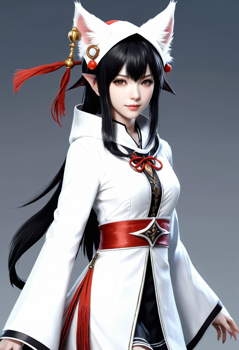 Monster Girl, Cat ear,20th Generation, Priest,White Mage,Realistic Women, Black Hair,cute