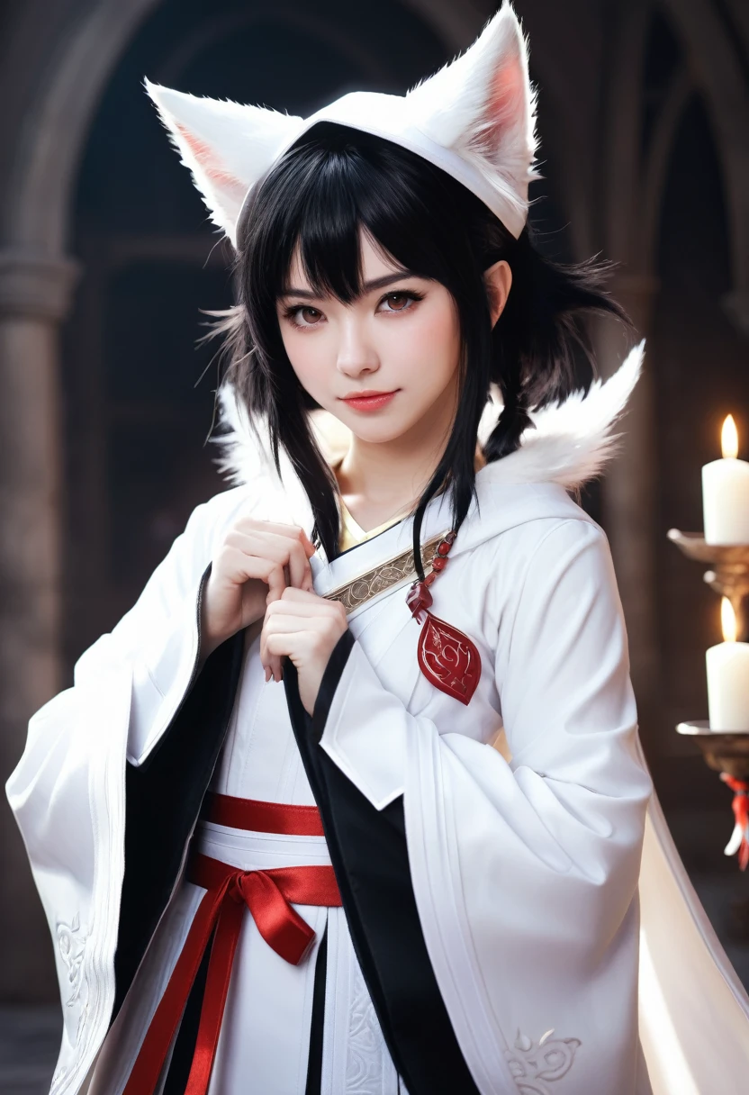 Monster Girl, Cat ear,20th Generation, Priest,White Mage,Realistic Women, Black Hair,cute