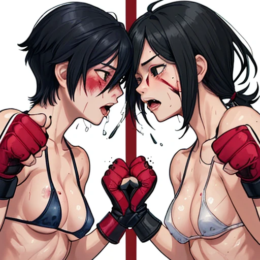 whole body picture. two female fighters are face to face. They are banging their punches against their opponents. They trade dynamic punches with each other. a bloody beautiful Japanese female fighters are fighting survival in the octagon ring. Blood is dripping from her nose. She is covered in scars and bruises. she is damaged terribry. Short-cut black hair, out of breath, drooling from mouth, one eye closd, exhausted, drenched in sweat. Erect nipples. open finger glove. bikini panties. topless.