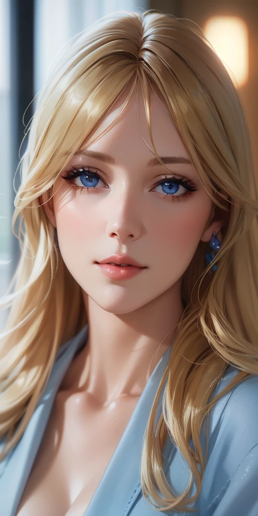 Elegant mature woman, blue eyes, blonde hair, bangs, soft light, 4k resolution, high quality, beautiful cg