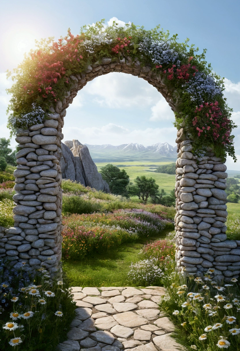 "subject description {A very wide and low door arch made of stones. , intertwined with plants, standing in a landscape of beautiful wildflowers, with a bright white background emanating from inside the arch}, Image type {photorealistic image}, art styles {Surrealism}, camera {35mm}, shooting {medium shot}, Rendering Related Information {4k, hyper detailed, ambient light}"
