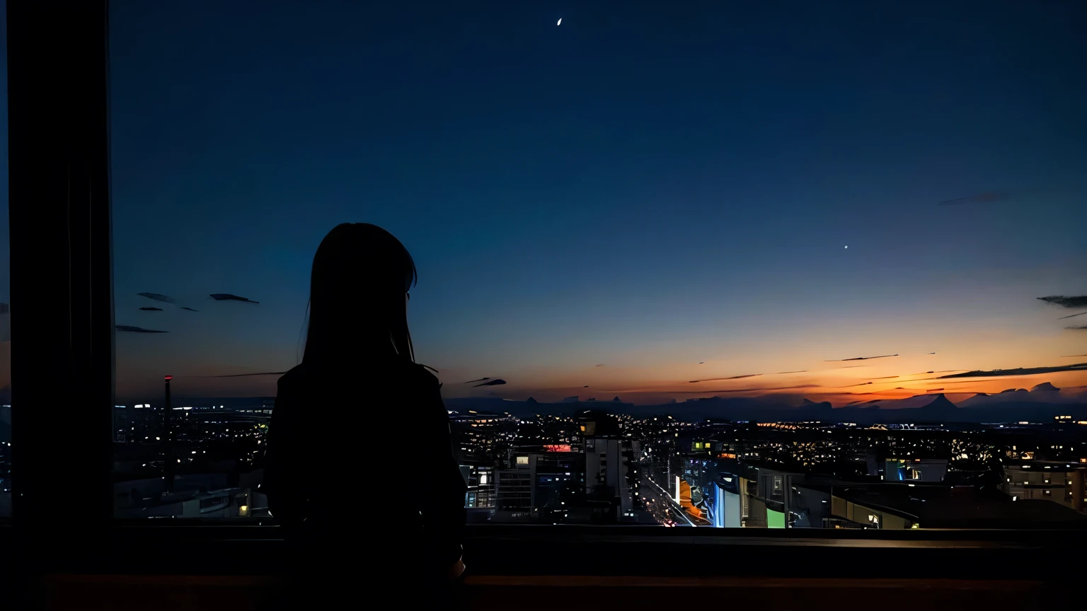 Night sky silhouette back windowsill long hair female two-dimensional anime