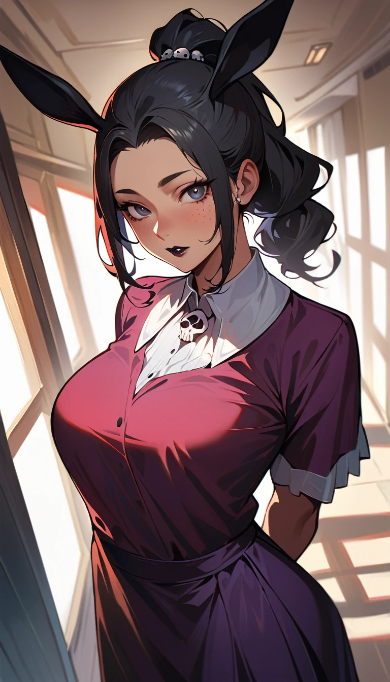 (high quality, 8k, 4K, high contrast, artwork:1.2, high quality, best aesthetics), (dynamic angle), (centralized), ((1 woman)), erotic, sensual, mature body, grown woman, super detailed, beautiful face detailed, beautiful eyes detailed, detailed beautiful mouth, (black hair), (hair tied into a ponytail), (red streaks in the hair), (black eyes), (black eyeliner), (red eyeshadow), (black lipstick), (freckles), (relaxed expression), (purple dress with short ruffled skirt and skull print), (white collar), (black rabbit ears), (standing), (looking at the viewer), (piercing gaze), (hands behind back), (in the middle of a school hallway)