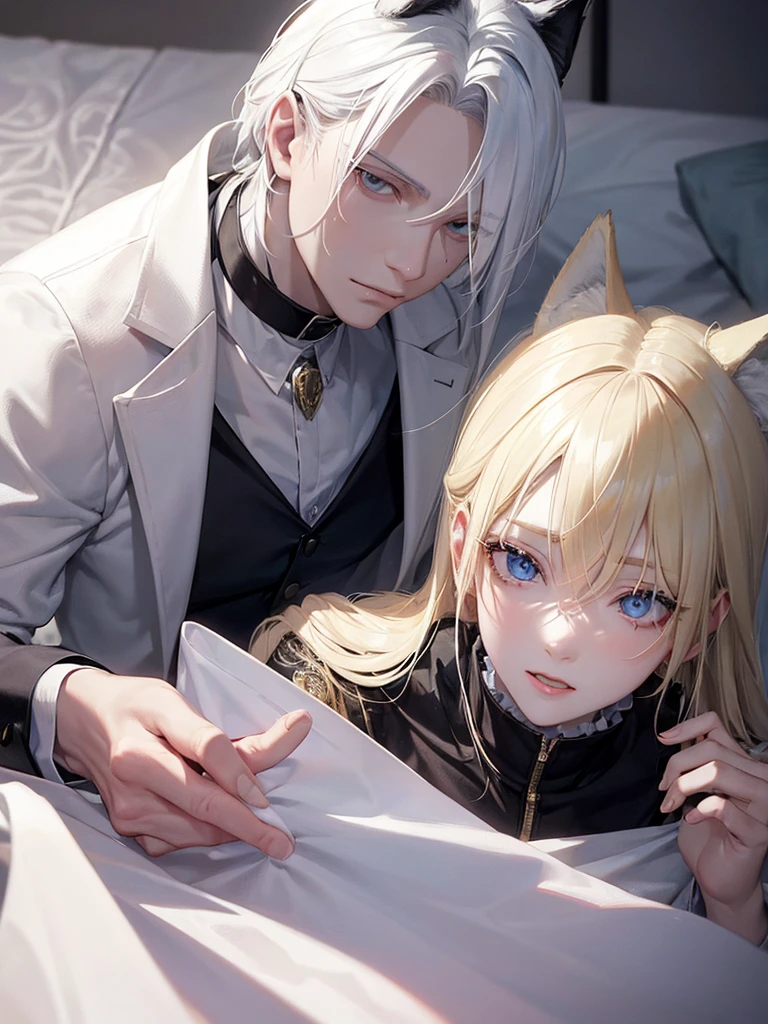 A psychologist man with wolf ears, beautiful albino eyes, high, 28 years. together with a beautiful albino blonde woman