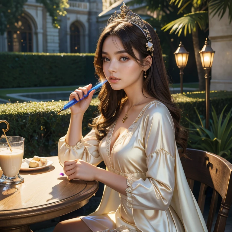 (masterpiece, best quality:1.5), highest quality, High resolution, super detailed, Realists, Upper body photo of a brunette young magical girl, detailed and beautiful eyes, beautiful detailed lips, very detailed eyes and face, longeyelashes, shiny satin dress, Holding a magic wand in your hand, Cast a transformation spell, With her stick she turns bananas into milk, Glowing wands available,Beautiful and colorful makeup, elegant and noble々The jewelry bag, Gardens as background, soft daylight, bright colors, fine brushstrokes, Portrait style, Silk dress fabric, beautiful color palette, glowing skin, First-class rendering, that captures every detail, enchanting atmosphere, subtle shadows and lights, (perfect anatomy:1.2), (The stunning Magical Girl turns banana into milk. Milk on the table(a transformation with the magic wand:1.4), (magnificent panorama view:1.2)
